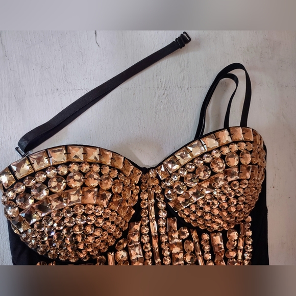 Lydia USA black corset bodysuit with gold bead embelishments. - Picture 5 of 8
